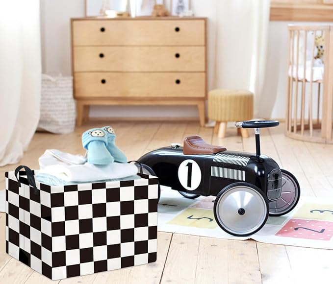 HIYAGON Rectangular Car Basket for Boys Checkered Basket Kids Baby Storage Bin Toy Organizer Box Car Room Decor(Racing Flag)