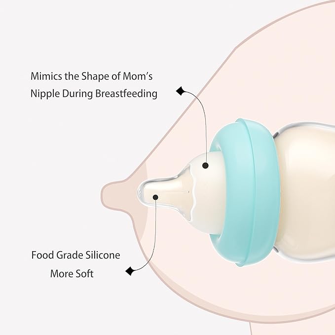 YOHKOH Natural Glass Baby Bottle with Natural Response Nipple, Newborn Anti-Colic Baby Bottles, Wide Neck Mushroom Cap Baby Bottle, Clear ((5.4oz (Pack of 4), Blue-A)