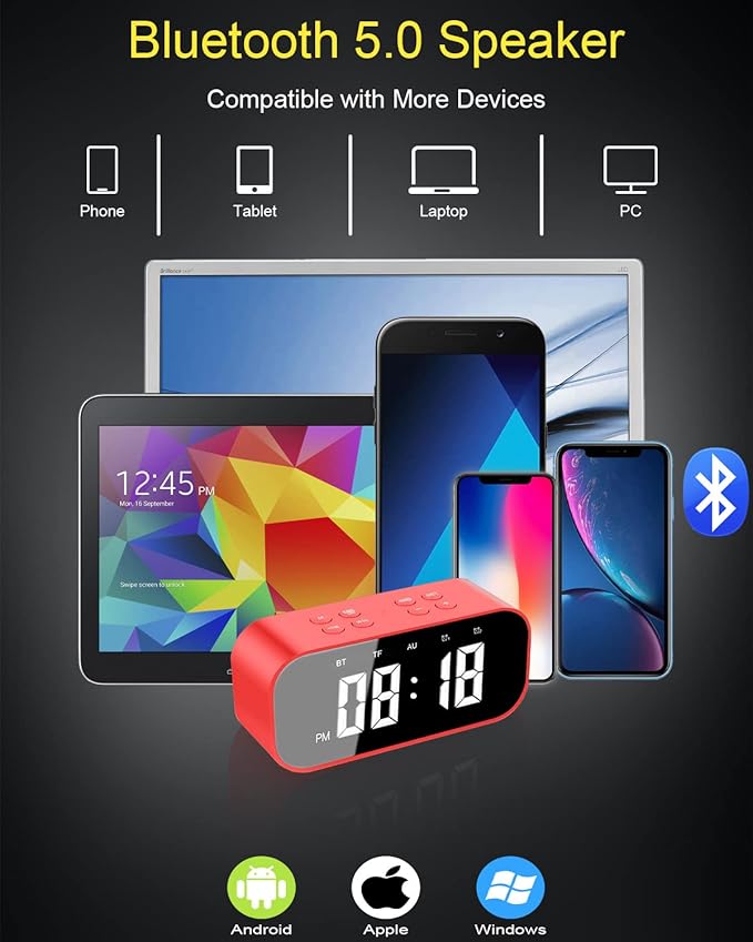 AFK Alarm Clock with Bluetooth Speaker,Digital Clock for Bedrooms,Alarm Clock for Heavy Sleepers Adults with Dual Alarm,Snooze,Dimmable LED Display.