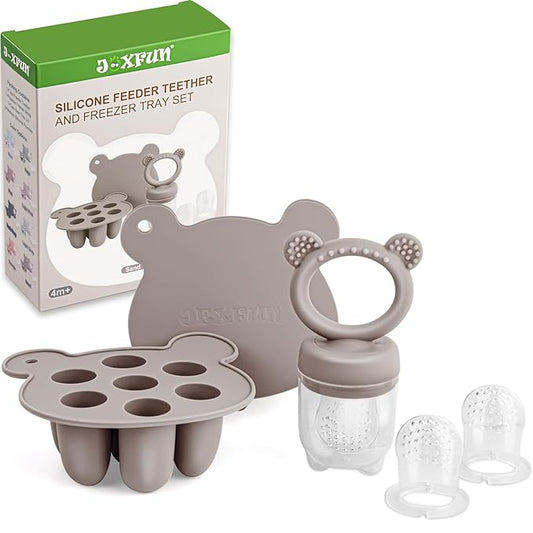 JEXFUN Silicone Baby Fruit Food Feeder Pacifier & Breastmilk Popsicle Freezer Molds, Double as Baby Teething Toys, Freezable Feeding Set for Breast Milk Ice Cubes, Food, Vegetable Purees - (Sand)