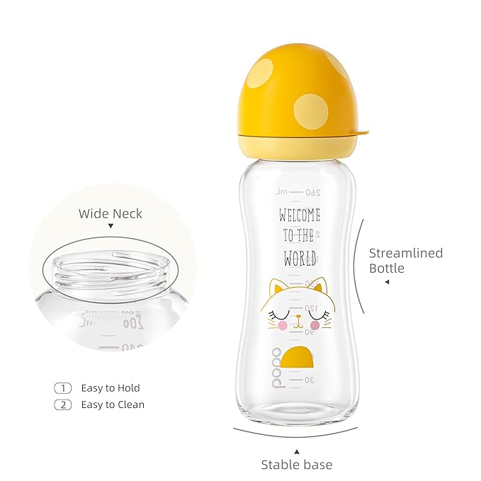 YOHKOH Natural Glass Baby Bottle with Natural Response Nipple, Newborn Anti-Colic Baby Bottles, Wide Neck Mushroom Cap Baby Bottle, Clear (8.8ounce (Pack of 2), Yellow1)