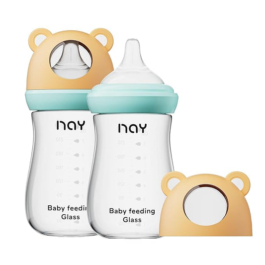Natural Glass Baby Bottle for Breastfeeding Babies, 8oz Anti-Colic Baby Bottle with Natural Response Nipple(M), Clear, Wide Neck, 2 Pack, 3 Months+