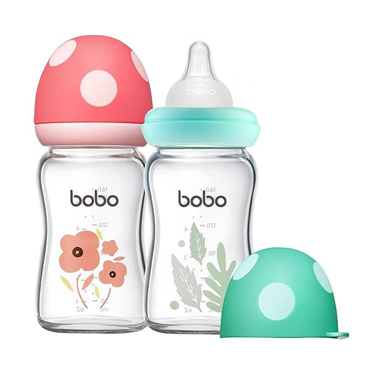 YOHKOH Natural Glass Baby Bottle with Natural Response Nipple, Newborn Anti-Colic Baby Bottles, Wide Neck Mushroom Cap Baby Bottle, Clear ((5.4oz (Pack of 2), Multicolour)