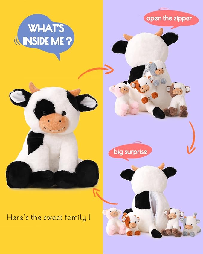5 Pieces Cow Stuffed Animals for Boys Girls, 1 Mommy Cow with 4 Babies Soft Plush Toy Set Gifts for Kids Children 3 4 5 6 7 8 9 Years, Christmas, Birthday, Party Decorations