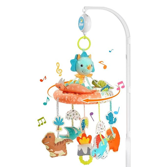 Jollybaby Nursery Baby Automatic Rotating Dinosaur Crib Mobile with Music Box & Arm, Montessori Sensory Musical Hanging Toy for Bassinet, Newborn Clip on Crib Mobile Soother Toy Gift, Polyester