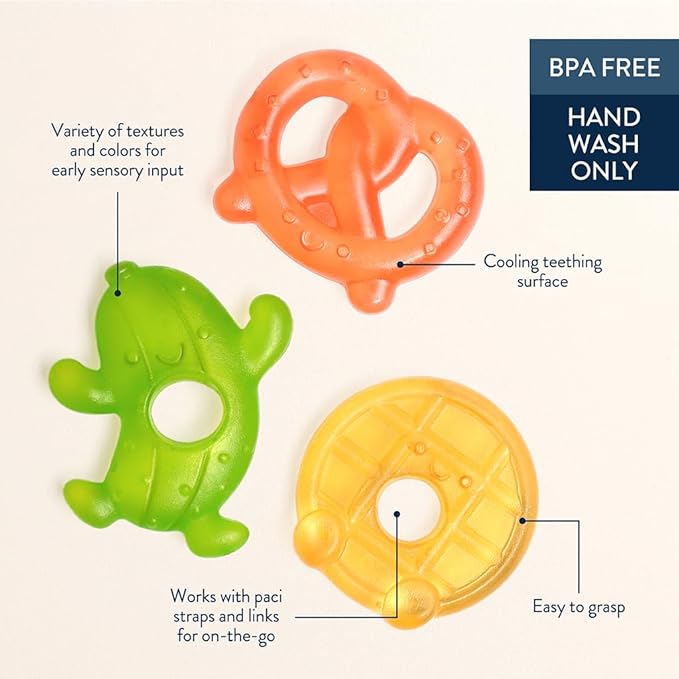 Itzy Ritzy Water-Filled Teethers - Cold Cutie Coolers Textured On Both Sides to Massage Sore Gums & Emerging Teeth - Can Be Chilled in Refrigerator, Set of 3 Silly Foods Teethers