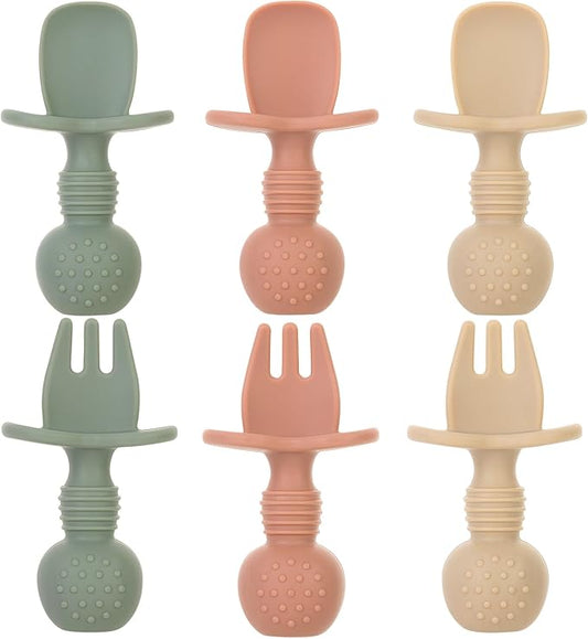 6 Pack Baby Spoons and Forks Set, Silicone First Stage Self Feeding Infant Toddler Utensils, BPA Free, Baby Led Weaning Feeding Supplies for Baby Essentials