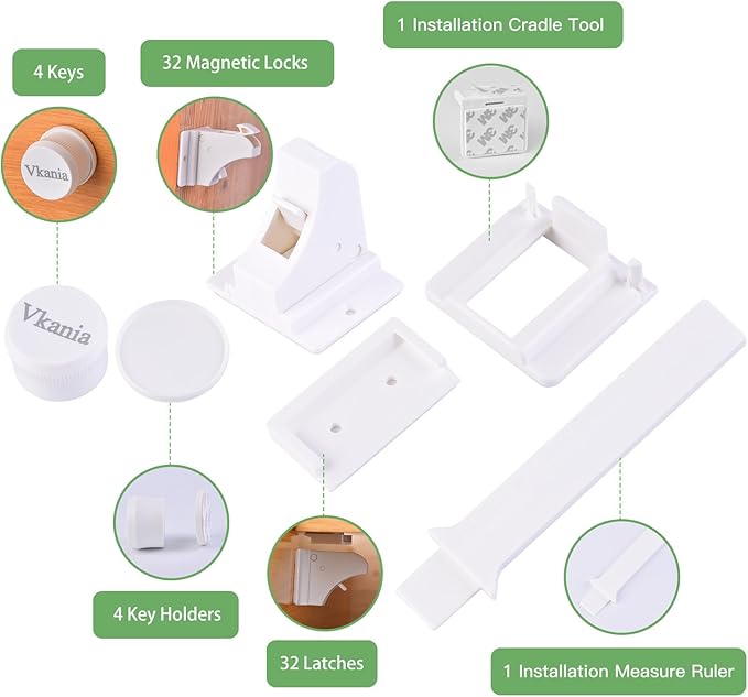 32 Pack Vkania Magnetic Cabinet Locks Baby Proofing - Baby Safety Latches for Drawers and Cabinets -Easy Installation No Drilling