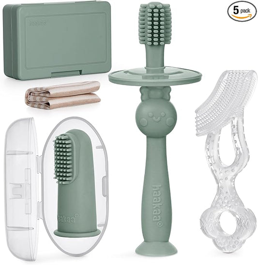 haakaa Training Toothbrush Set Oral Care Kit, Soft Silicone Toothbrush for Baby, Infants, Toddlers & Kids, Pea Green