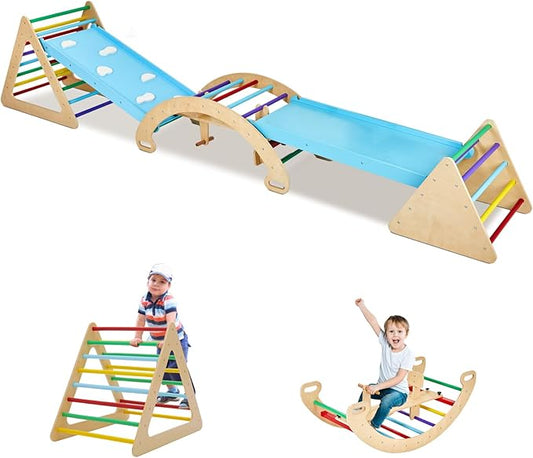 9-in-1 Climbing Triangle Set with Detachable Wooden Climbing Arch for Rocking Horse and Climbing, Indoor Triangle Jungle Playground Gym for Toddlers