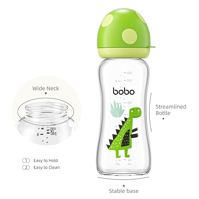 YOHKOH Natural Glass Baby Bottle with Natural Response Nipple, Newborn Anti-Colic Baby Bottles, Wide Neck Mushroom Cap Baby Bottle, Clear (8.8ounce (Pack of 2), Green2)