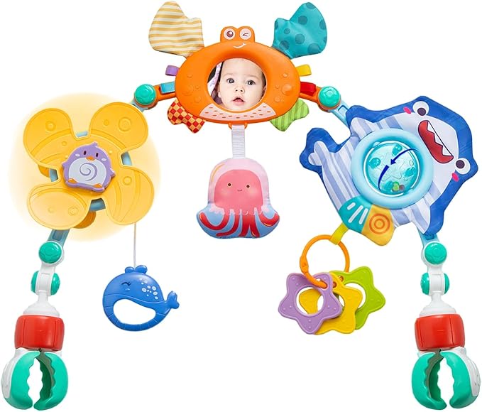 Adjustable Baby Stroller Arch Toy, Car Seat Toys for Infants 6-12 Months Hanging Toy Bar Attachment with Teether & Sound, Crib Comfort Gift for Birthday, Baby Shower