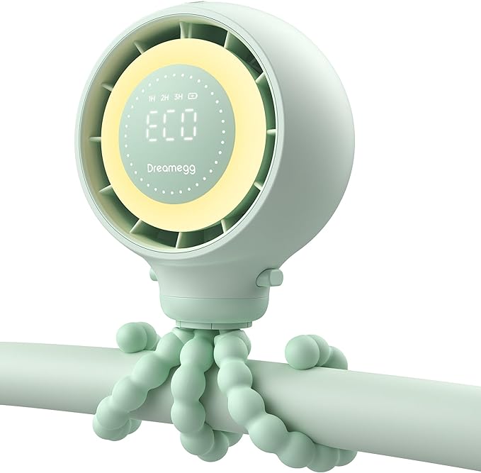 Dreamegg Portable Stroller Fan - 4000mAh Rechargeable Baby Stroller Fan With LED Display, Night Light, Hidden Blade, Detachable 4 Speed 360°Rotate, Handheld Cooling for Crib,Travel, Car Seat(Green)