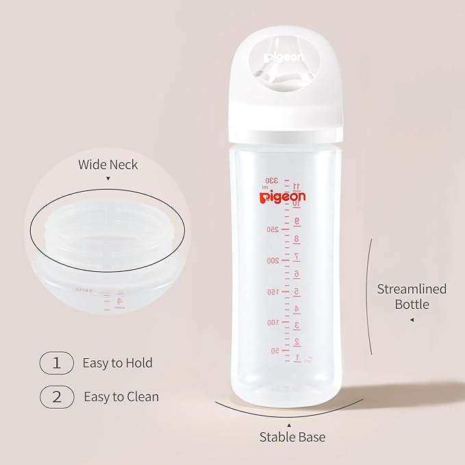 Pigeon PP Nursing Bottle Wide Neck, Anti-Colic, Streamlined Body, Natural Feel, Easy to Clean, 11.2 Oz (Pack of 3), Includes 3pcs L Nipples (6m+)