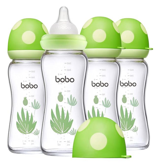 YOHKOH Natural Glass Baby Bottle with Natural Response Nipple, Newborn Anti-Colic Baby Bottles, Wide Neck Mushroom Cap Baby Bottle, Clear (8.8oz (Pack of 4), Green)