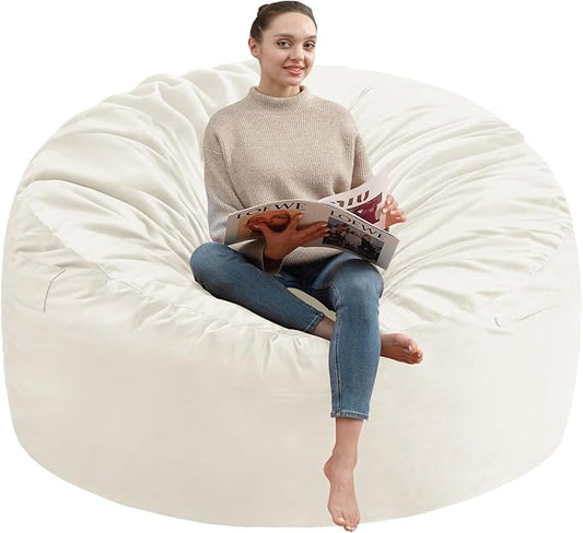 6FT Bean Bag Chair, Large Bean Bag Chairs with Memory Foam Filled, Fluffy Beanbag Sofa with Dutch Velvet Cover, Round BeanBag Chairs for Living Room, Playroom- Beige