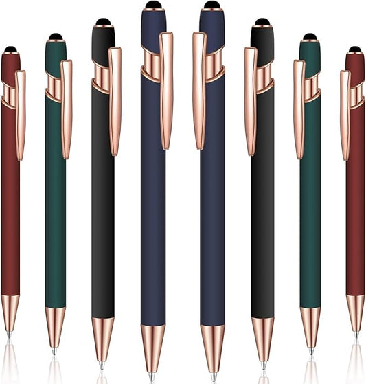 8 Pieces Ballpoint Pen with Stylus Tip Black Ink 2 in 1 Stylus Metal 1.0 mm Medium Point Smooth Pen Rainbow Colorful Rubberized Ballpoint for Touch Screen Tablet(Red, Green, Navy, Black)