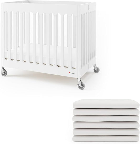 Foundations Boutique Folding Hotel Crib and Sheet Bundle - Includes Wooden Mini Crib with 3" Foam Mattress (White) and 6-Pack White Fitted Compact Sheets