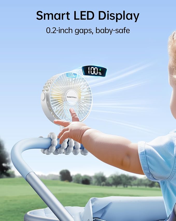 SWEETFULL Portable Stroller Fan with Display 4000mAh Battery Powered Mini Clip On Fan, 4-Speed Rechargeable Small Personal Cooling for Baby Car Seat Crib Travel - White