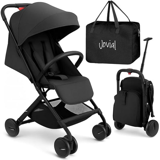 Jovial Lightweight Travel Baby Stroller - One-Hand Folding Compact Stroller with Multi-Position Reclining System - Retractable Sun Canopy, Extra-Large Storage Basket - Includes Airplane Storage Bag