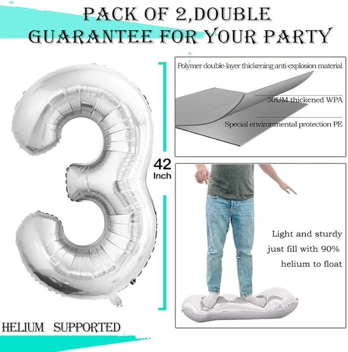 GOER Silver Foil Balloons Number 3,Huge Number Balloons for 3rd 33rd Birthday Party Supplies Anniversary Decorations(3 pcs,42 inch,32 inc,16inch)