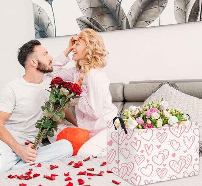 HIYAGON Rectangular Pink Basket Kids Baby Storage Bin Toy Basket Organizer Box for Girls Love Room Decor(Pink Striped Heart)