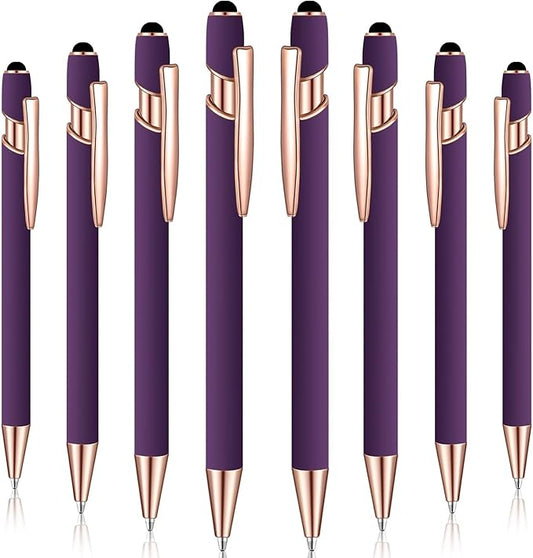 8 Pieces Ballpoint Pen with Stylus Tip Black Ink 2 in 1 Stylus Metal 1.0 mm Medium Point Smooth Pen Rainbow Colorful Rubberized Ballpoint for Touch Screen Tablet(Purple)