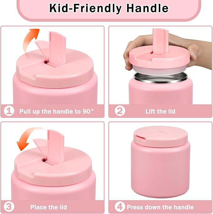 26oz Kids Thermos for Hot Food, Insulated Vacuum Food Jar with Buckle Lid, Stainless Steel Wide Mouth Leak Proof Insulated Lunch Container for School Picnic Travel, Pink