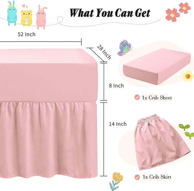 Horbaunal 2 Pack Set Crib Skirt & Crib Bed Sheet, Pink Crib Bed Skirt 28" x 52" with 14" Drop Dust Ruffle, Soft Microfiber Toddler Bedskirt Nursery Bedding Skirt for Baby Girls and Boys
