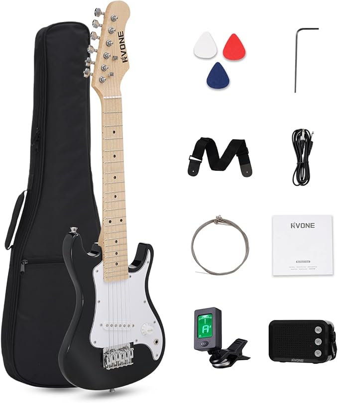 30 Inch Kids Electric Guitar Kit Beginner Complete Bundle with Smooth Fingerboard, Lightweight Design for Child, 5W Practice Amp, Gig Bag, Tuner, Strap, Cable, Picks, Extra Strings, RST-70 Black