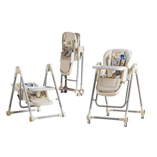 5 in 1 Baby High Chair Swings for Infants Foldable Rocking 8 Level Height Adjustment Eco Friendly Washable PU Cushion(White)
