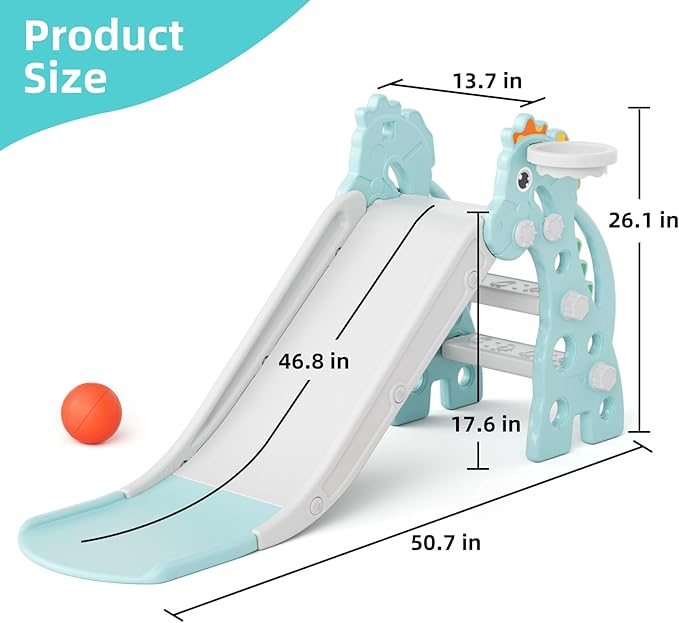 67i Toddler Slide for Indoor & Outdoor Play with Basketball Hoop, Anti-Slip Steps, 46.8in Baby Climber (Green)