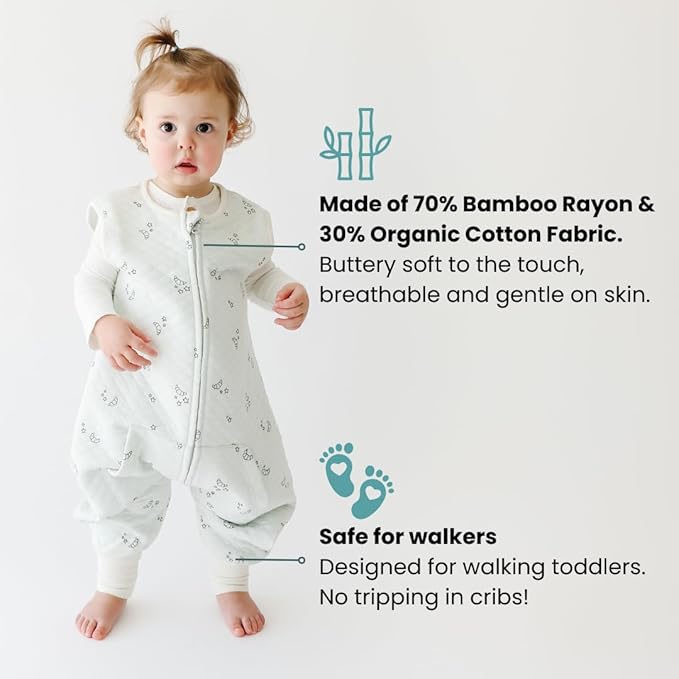 Tealbee DREAMSUIT: Toddler Sleep Sack with Feet 12-18 months, 18-24 months - 0.8 TOG Lightweight Baby Wearable Blanket for Walkers - Rayon made from Bamboo, Organic Cotton Sleeping Bag - Croissant