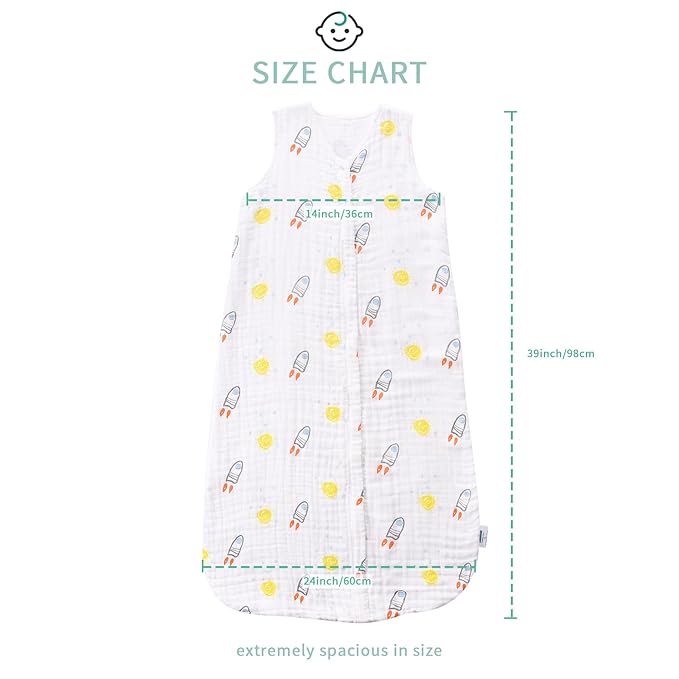 Toddler Sleep Sack for 2-4T Baby, Organic Cotton Wearable Blanket for Boys and Girls 0.5 TOG 2-Way Zipper Sleeping Sacks Soft 4 Layers X-Large Rocket
