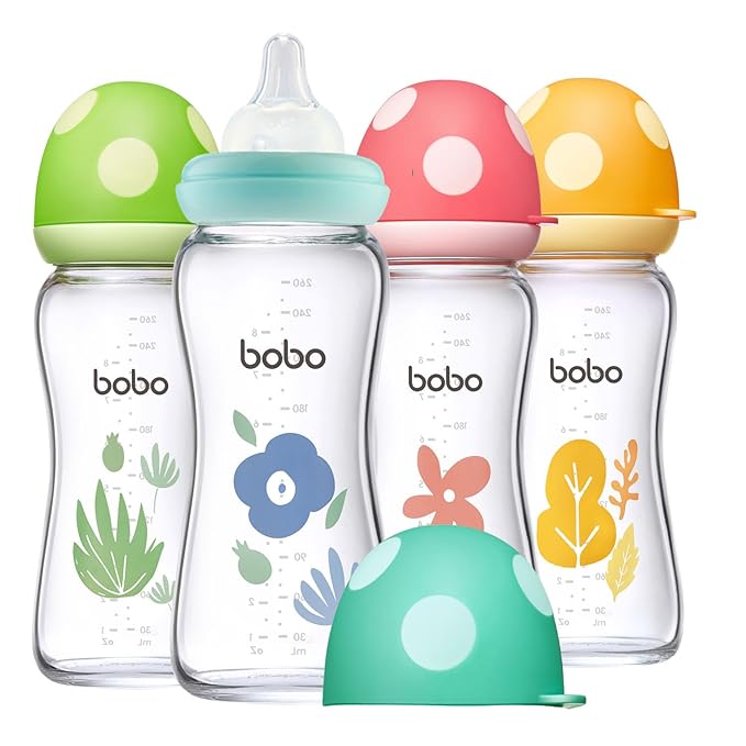 YOHKOH Natural Glass Baby Bottle with Natural Response Nipple, Newborn Anti-Colic Baby Bottles, Wide Neck Mushroom Cap Baby Bottle, Clear (8.8oz (Pack of 4), Multicolour)