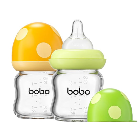 YOHKOH Natural Glass Baby Bottle with Natural Response Nipple, Newborn Anti-Colic Baby Bottles, Wide Neck Mushroom Cap Baby Bottle, Clear (Multicolour1, 3.4oz (Pack of 2))
