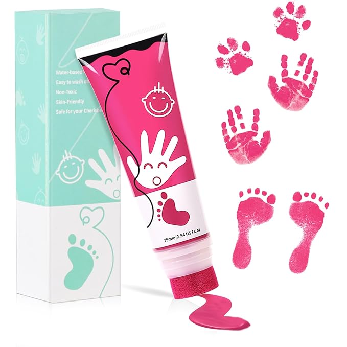 75ml Pink Baby Hand and Footprint Ink Kit, Baby Handprint Footprint Paint for Newborn Keepsake, Dog Cat Paw Print Kit, Washable, Non Toxic Acid-Free, Safe Gentle for Ideal New Mom Gifts