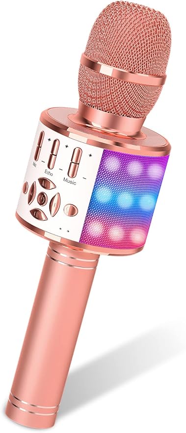 Amazmic Karaoke Microphone for Adults, Wireless Bluetooth Microphone for Singing Portable Karaoke Machine Handheld with LED Lights, Gift for Kids Adults Birthday Party, Home KTV(Rose Gold)