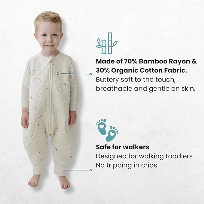 Tealbee Dreamsuit - Toddler sleep sack with feet 12-18 months, 18-24 months - 1.2 TOG All Season Baby Wearable Blanket for Walkers - Rayon made from Bamboo, Organic Cotton Sleep Bag - Moons Stars