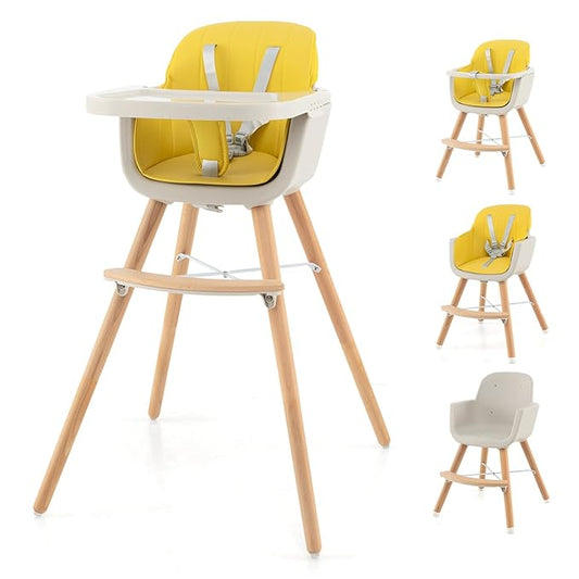 HONEY JOY High Chair, 3-in-1 Eat & Grow Wooden Highchair/Booster Seat/Toddler Chair with Removable Tray, 5-Point Harness, PU Cushion and Footrest for Baby, High Chair for Babies and Toddlers Yellow
