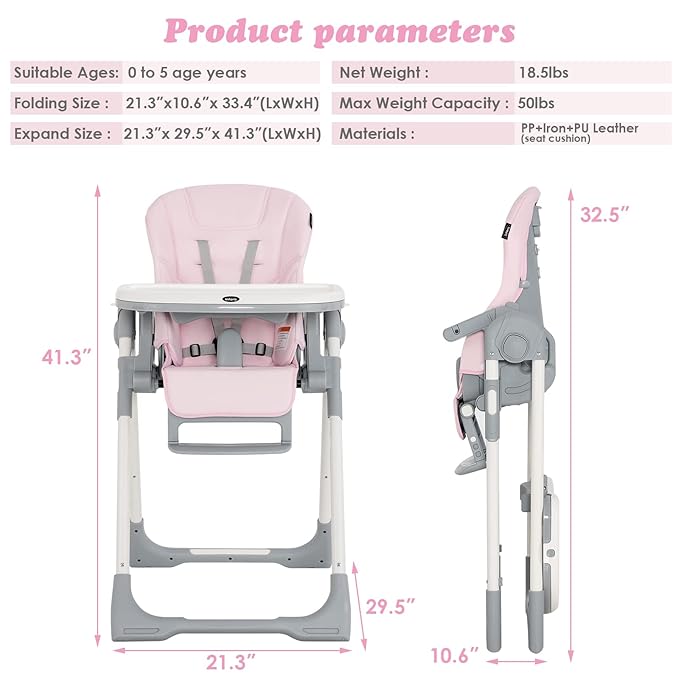 INFANS High Chair for Babies & Toddlers, Foldable Highchair with Multiple Adjustable Backrest, Footrest and Seat Height, Removable Tray, Detachable PU Leather Cushion, Built-in Rear Wheels (Pink)