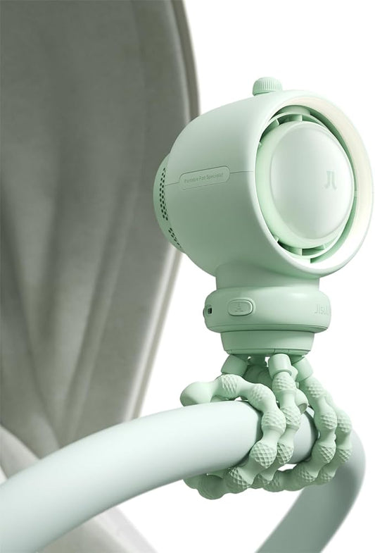 JISULIFE Stroller Fan Baby Large, Safe Bladeless for Crib, Desk, Portable Battery Rechargeable Cooling Fan with Air Turbo Tech, LED Display, Night Light, Food-Grade Gift for Mom/Dad/Friend - Green