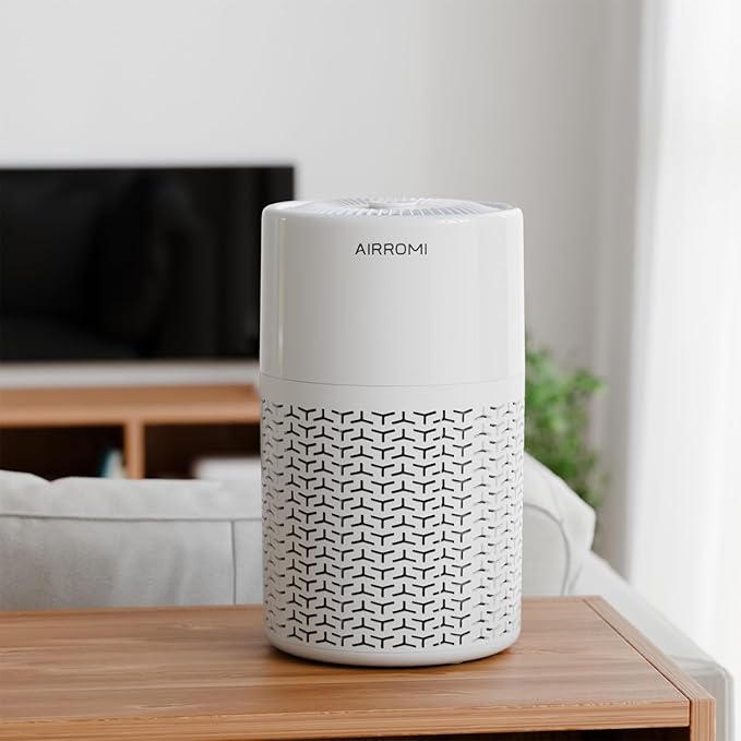 AIRROMI Pets Air Purifier for Home Allergies,Up to 660 ft².Yellow Deodorizing Activated Carbon Filter,With Fragrance Sponge for Better Sleep,Night Light,Pet Dander,Smoke,Odors,Air Cleaner A2002 White