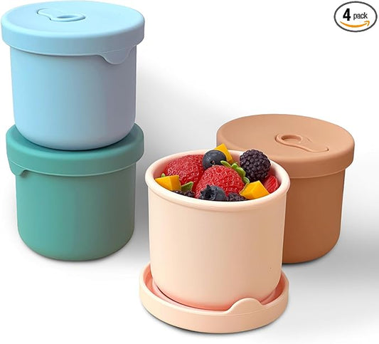 8.5oz Silicone Snack Containers for Kids, Reusable Small Containers with Airtight Lids, Silicone Baby Food Storage Jars, Freezer, Microwave and Dishwasher Safe, Perfect for Infant & Toddler - 4 Pack