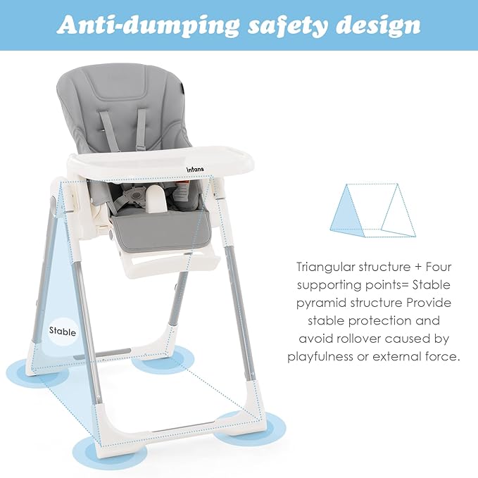 INFANS High Chair for Babies & Toddlers, Foldable Highchair with Multiple Adjustable Backrest Footrest Seat Height, Removable Tray, Detachable PU Leather Cushion, Built-in Rear Wheels (Light Grey)