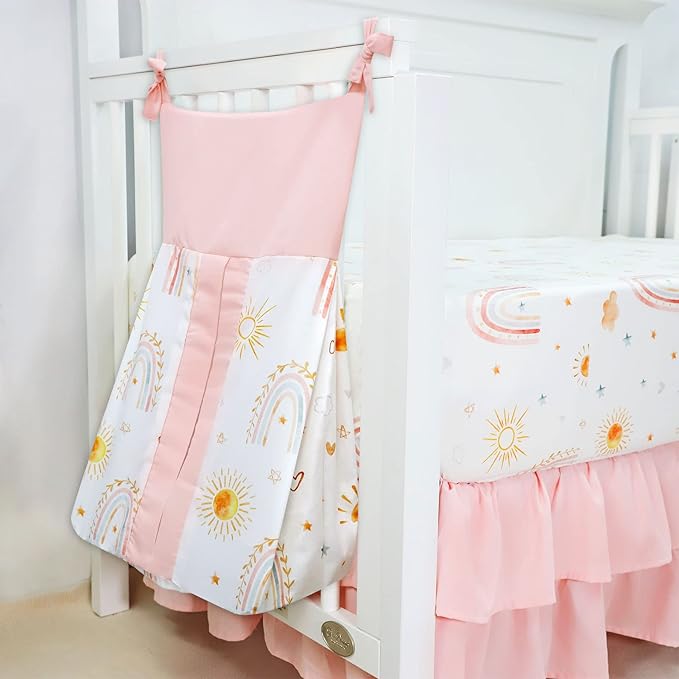 4-Piece Crib Bedding Set for Girls, Includes Comforter, Fitted Crib Sheet, Crib Skirt, and Diaper Stacker, Pink Rainbow