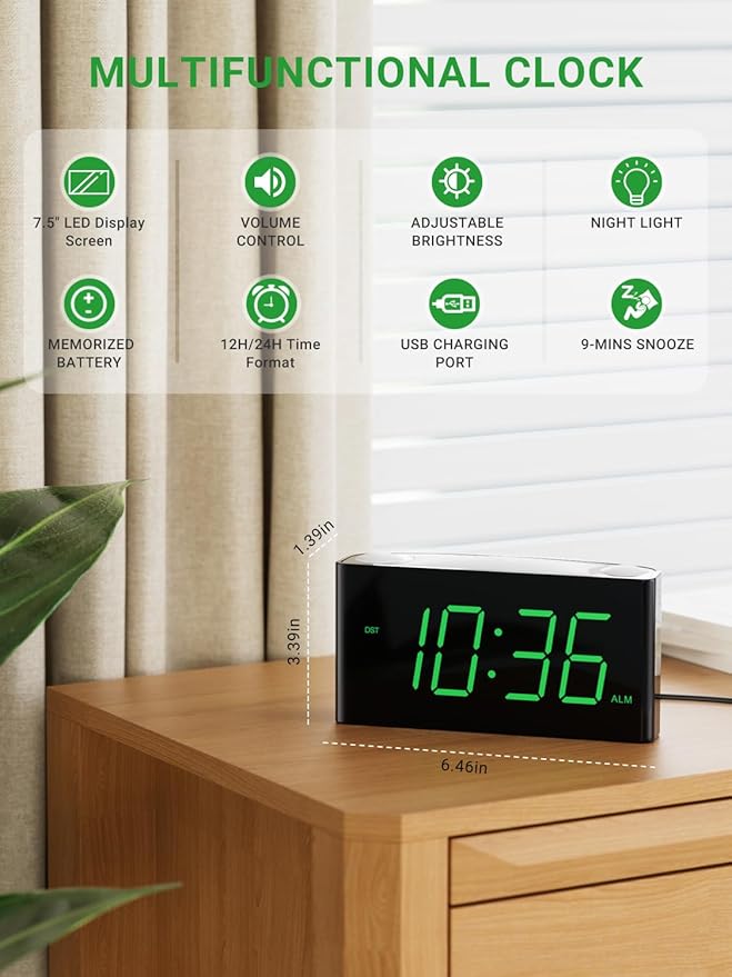 Alarm Clock for Bedroom, 7.5" Large Display LED Digital Clock with 7 Color Night Light,USB Phone Charger,Dimmer,Battery Backup,Easy to Set Loud Bedside Clock for Heavy Sleepers Adult Teen Kid Boy Girl