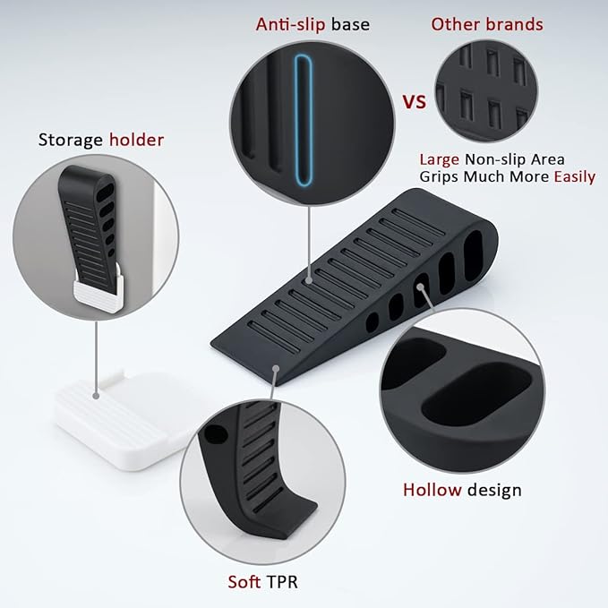 JQK Rubber Door Stopper Wedge, Black 4 Pack Soft TPR Premium Door Stops for Bottom of Heavy Duty Door on Tile, Concrete, Carpet, Wooden Floor, DSB61-BK-P4