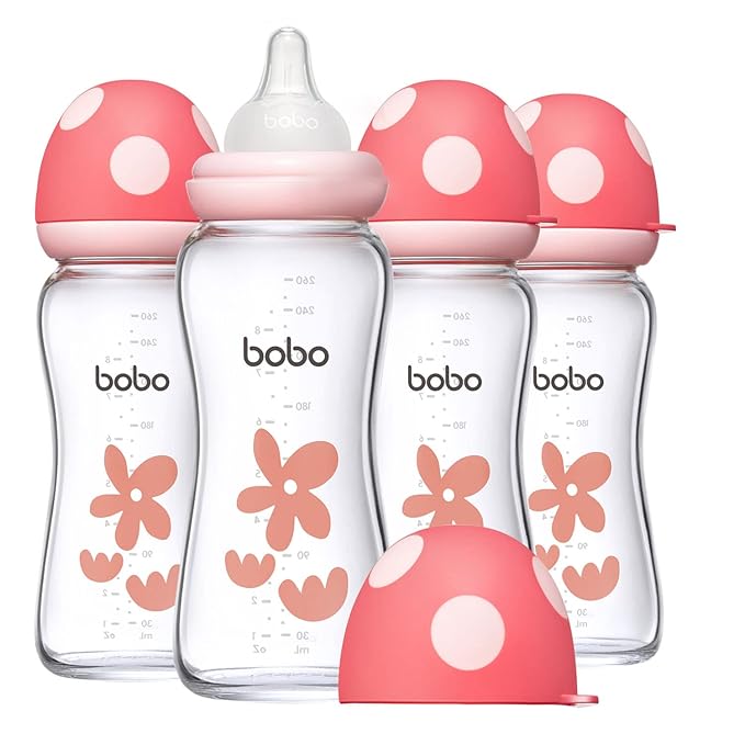 YOHKOH Natural Glass Baby Bottle with Natural Response Nipple, Newborn Anti-Colic Baby Bottles, Wide Neck Mushroom Cap Baby Bottle, Clear (Red, (8.8oz (Pack of 4))