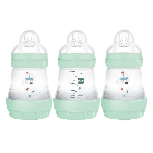 MAM 5oz Easy Start Anti-Colic Baby Bottles, Slow Flow, Breastfeeding-Like Silicone Nipple Bottle, Reduces Colic, Gas, & Reflux, Easy-to-Clean, BPA-Free, Vented Baby Bottles for Newborns, 0-3 Months